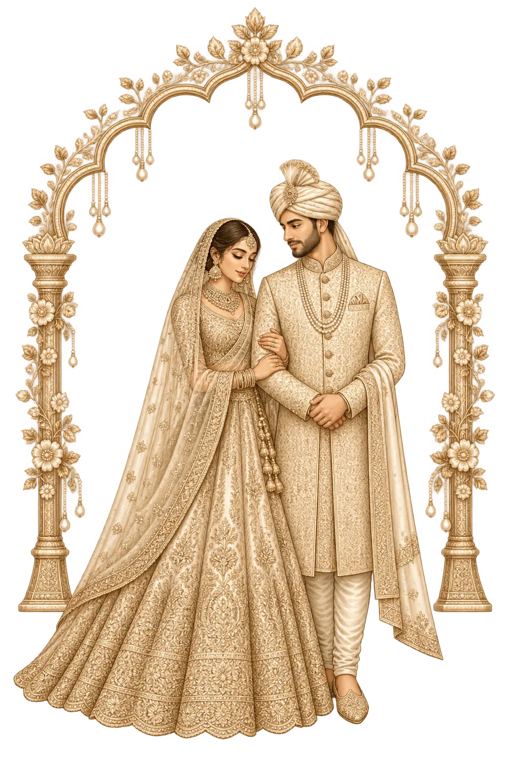 Indian bride and groom beneath an ornamental wedding arch